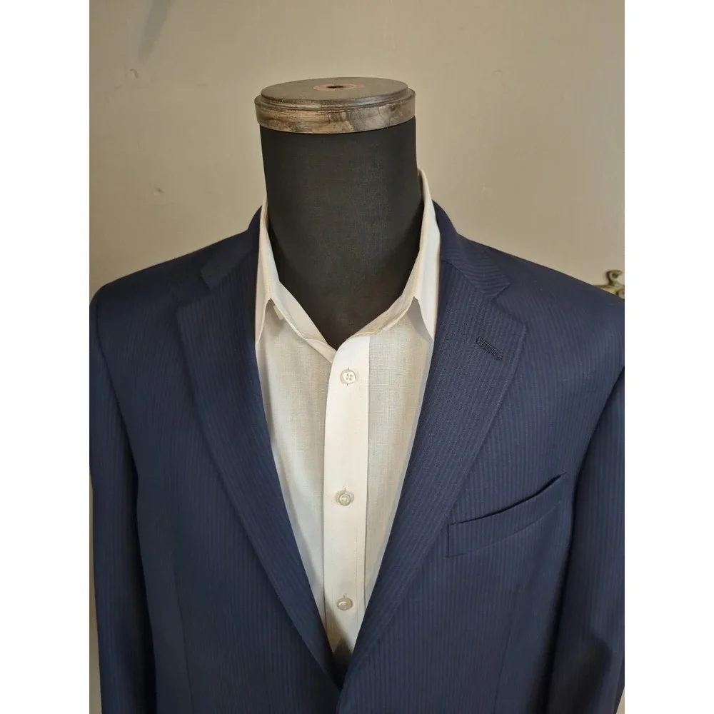 Hart Schaffner Marx Mens Wool Sport Coat 44L Blue Striped 2 Button USA D606